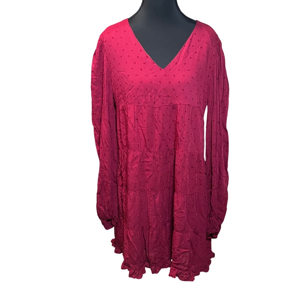 Mi Ami Burgundy Clip Dot Tiered Mini Dress Long Sleeve V-Neck Boho Wine Sz S